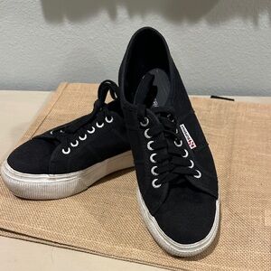 Superga Black Canvas Sneakers with White Soles